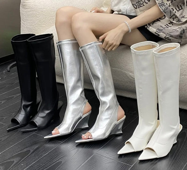 Women Color Fashion Pointed Open Toe Wedge Platform Knee High Boots