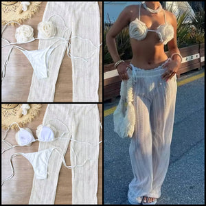 Women Sexy White 3D Floral Knitted Bikini Cover Up Set