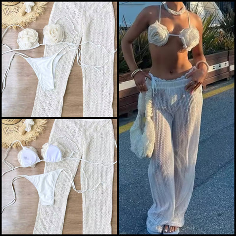 Women Sexy White 3D Floral Knitted Bikini Cover Up Set