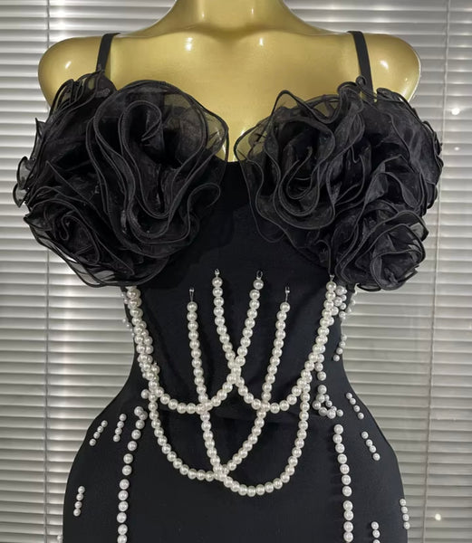 Women Black Sexy Sleeveless Ruffle Pearl Patchwork Dress
