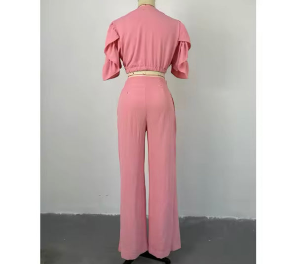 Women Pink Button Up Short Sleeve Two Piece Pant Set