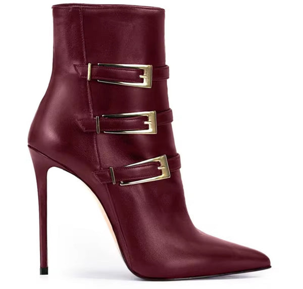 Women Fashion Pointed Toe Faux Leather Triple Buckle Ankle Boots