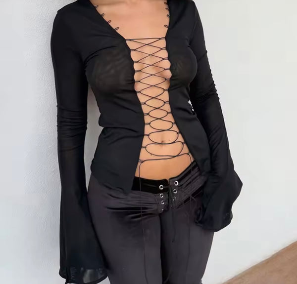 Women Sexy Cut Out Lace Up Full Flare Sleeve Top