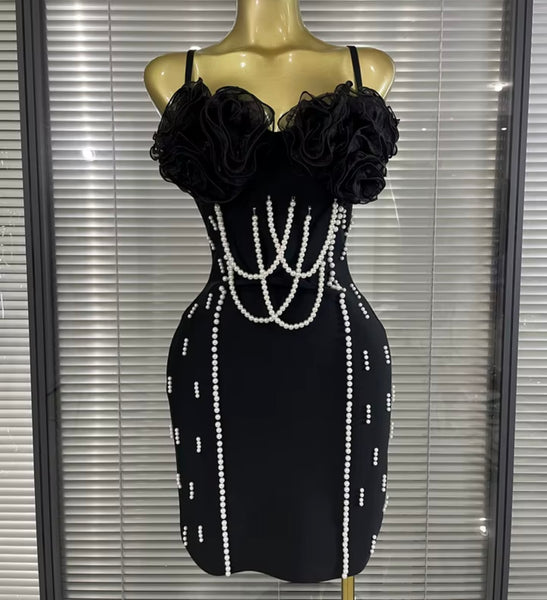 Women Black Sexy Sleeveless Ruffle Pearl Patchwork Dress