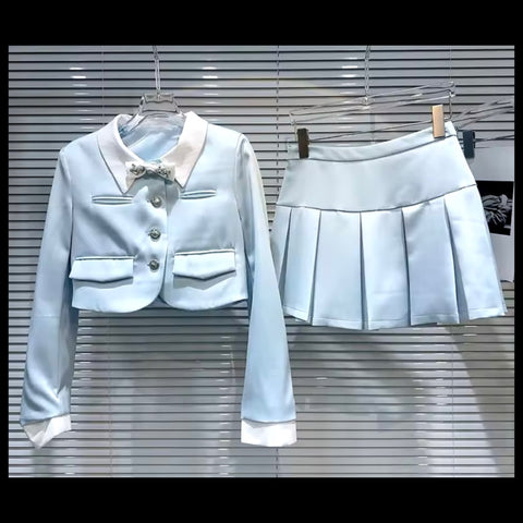 Women Fashion Blue Bow Satin Blazer Two Piece Pleated Skirt Set