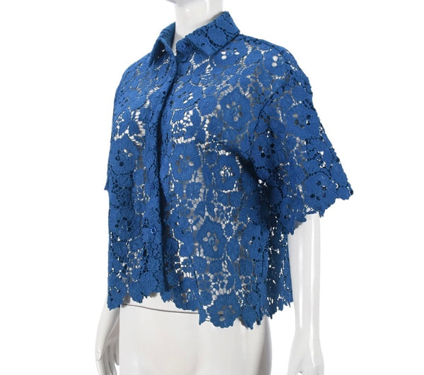 Women Sexy Fashion Blue Lace Short Sleeve Button Up Top