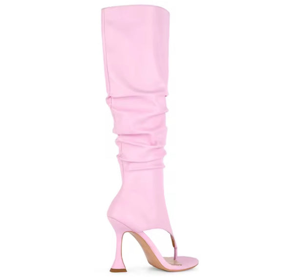 Women Fashion Open Toe Ruched High Heel Knee High Boots