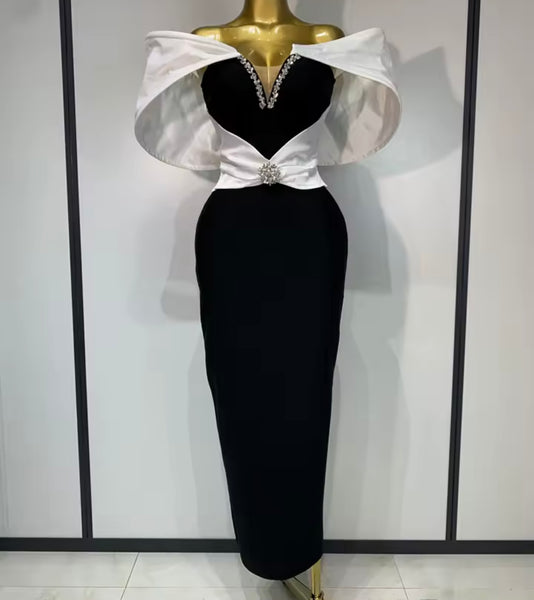 Women Sexy Strapless B&W Rhinestone Maxi Dress