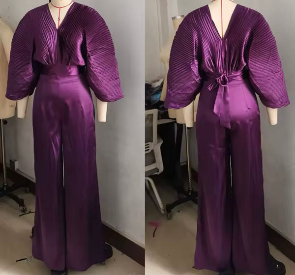 Women Solid Color Pleated Two Piece Fashion Pant Set