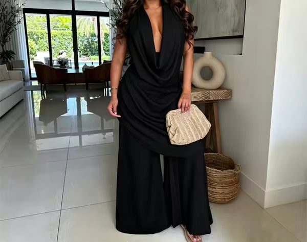 Women Sexy Halter Draped Sleeveless Two Piece Pant Set