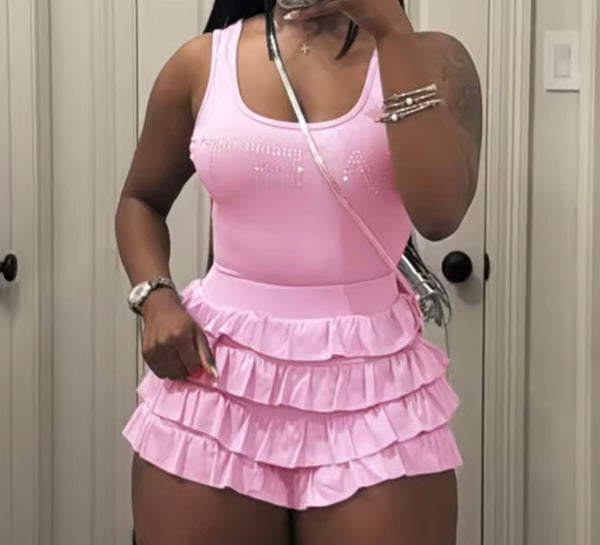 Women Sexy Sleeveless Bling Letter Print Ruffled Two Piece Short Set