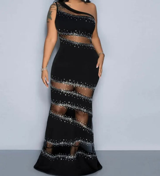 Women Sexy One Shoulder Mesh Bling Patchwork Maxi Dress