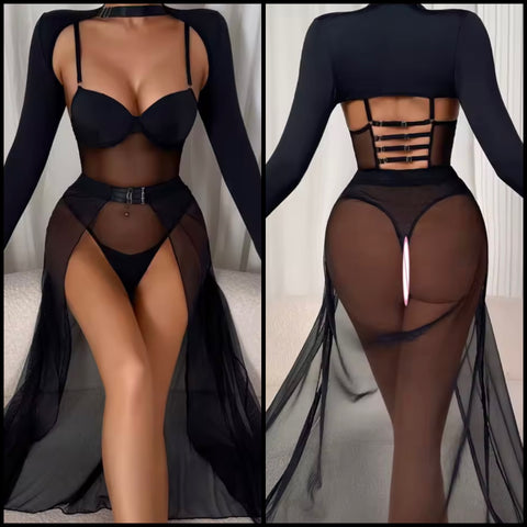 Women Sexy Black Mesh Three Piece Lingerie Set