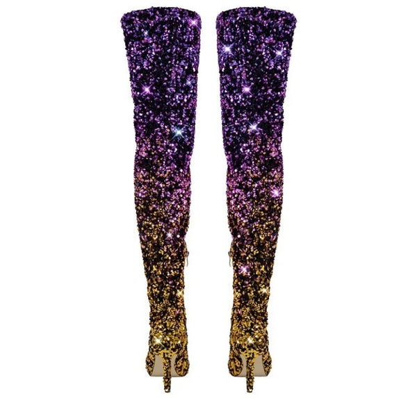 Women Over The Knee Color Patchwork Sequins Fashion Boots