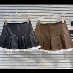 Women Sexy Fashion Faux Leather Lace Patchwork Pleated Skirt