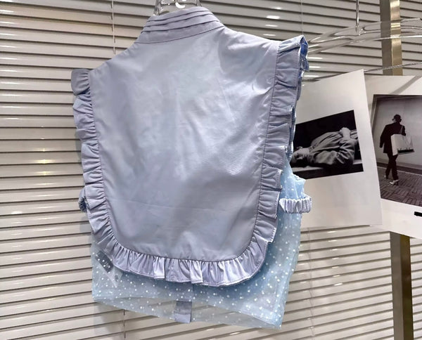 Women Ruffled Bow Button Up Sleeveless Top