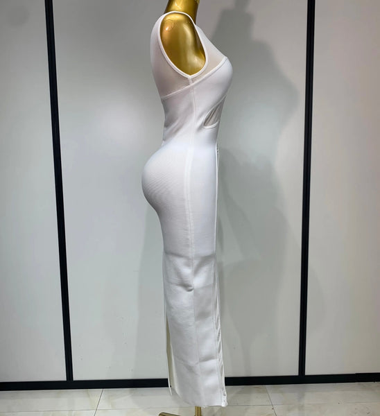 Women Sexy Solid Color Mesh Patchwork Sleeveless Maxi Dress