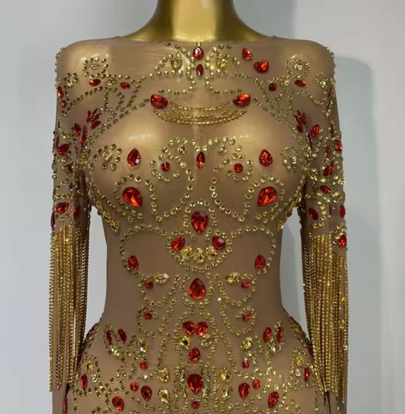 Women Sexy Full Sleeve Crystal Rhinestone Tassel Mesh Maxi Dress