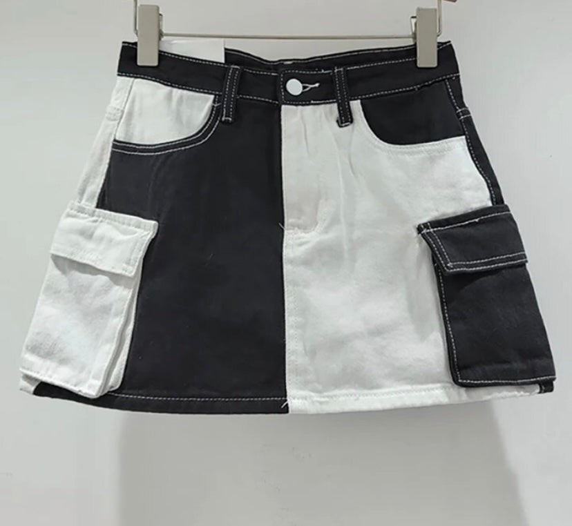 Women Fashion Color Patchwork Pocket Denim Skirt