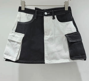 Women Fashion Color Patchwork Pocket Denim Skirt