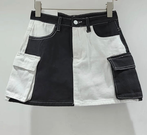 Women Fashion Color Patchwork Pocket Denim Skirt