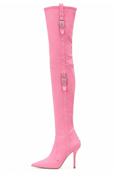 Women Fashion Pointed Toe Over The Knee Buckled High Heel Boots