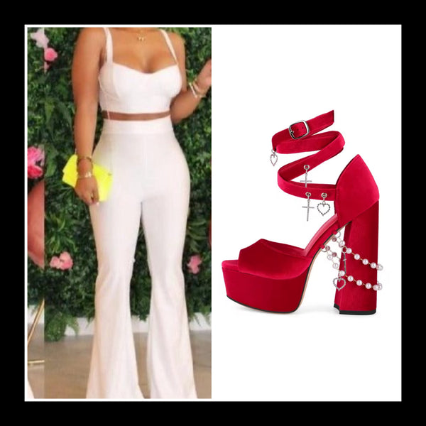 Women Pendant Beaded Velour Platform High Heel Sandals