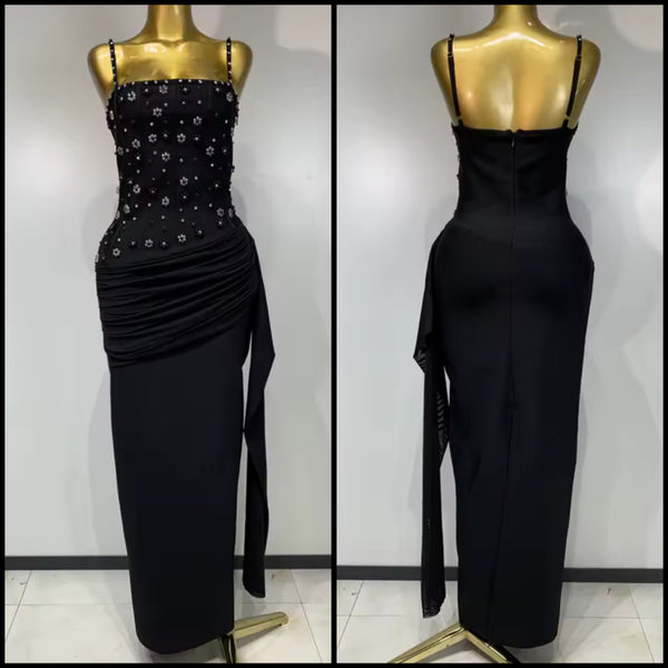 Women Sexy Black Sleeveless Beaded Tassel Maxi Dress