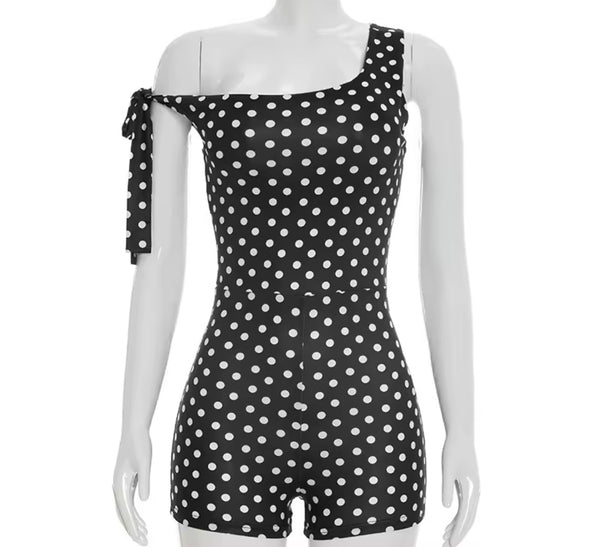 Women Sexy One Shoulder Sleeveless Polka Dot Romper