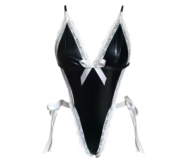 Women Sexy Sleeveless PU B&W Lace Bodysuit Lingerie
