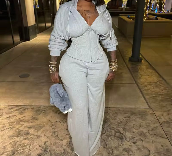 Women Fashion Hooded Corset Tracksuit Two Piece Pant Set