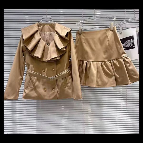 Women Khaki Ruffle Button Up Belted Two Piece Skirt Set