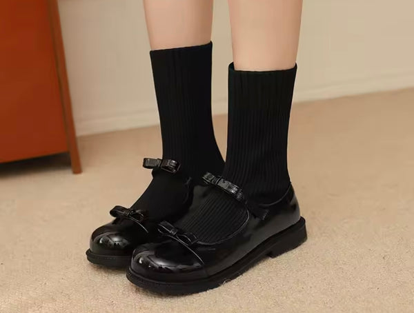 Women Fashion Black Bow Sock Flat Ankle/Mid Calf Boots