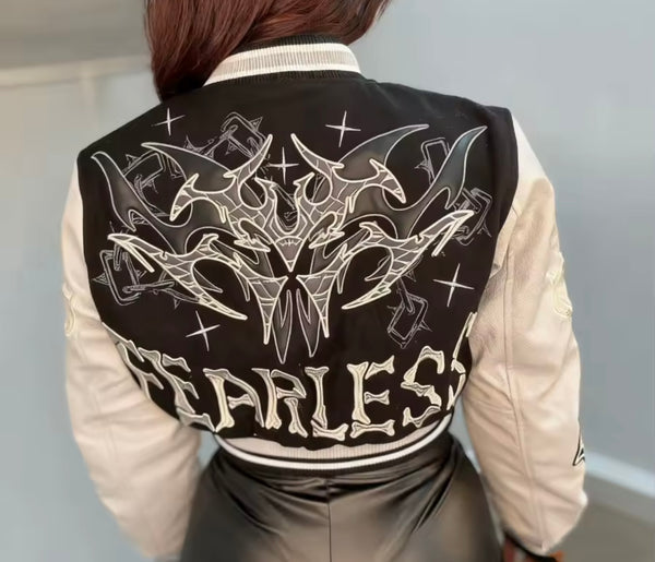 Women Fashion Letter Print Button Up Varsity Jacket