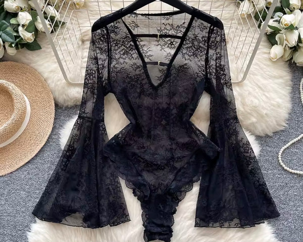 Women Sexy Fashion Lace Full Sleeve Bodysuit Top