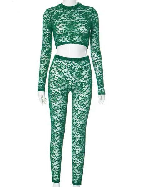 Women Sexy Green Lace Full Sleeve Two Piece Pant Set