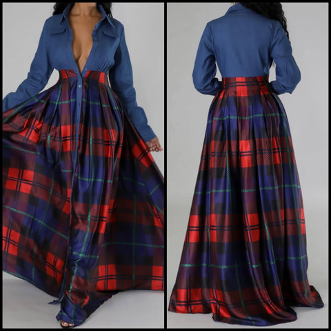 Women Sexy Fashion Button Up Denim Patchwork Plaid Maxi Dress