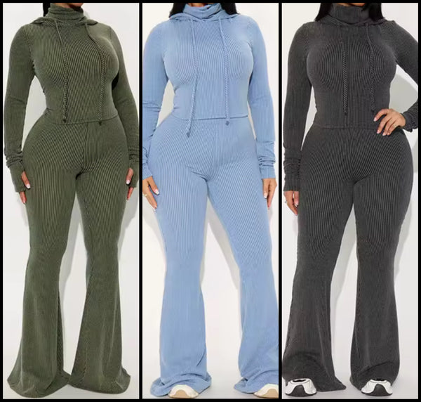 Women Fashion Hooded Ribbed Full Sleeve Two Piece Pant Set