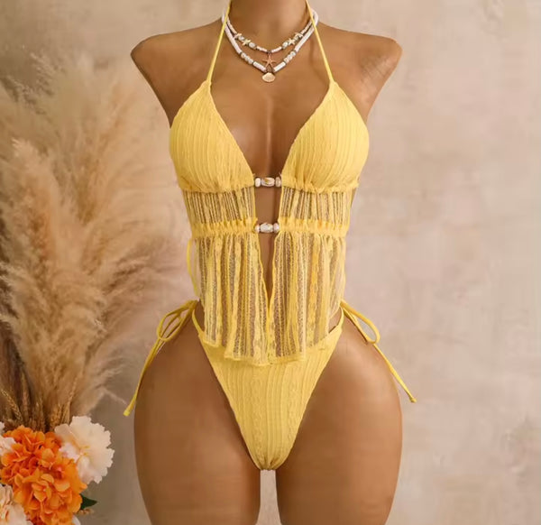Women Sexy Yellow Halter Bikini Swimsuit