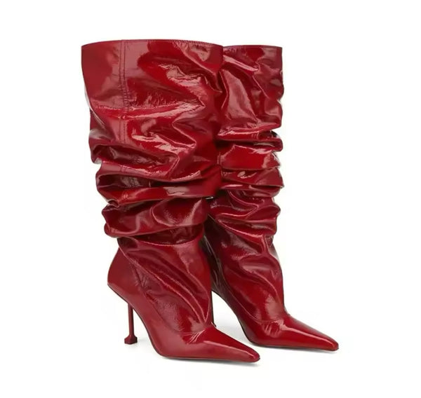 Women Pointed Toe Ruched Fashion Knee High Boots