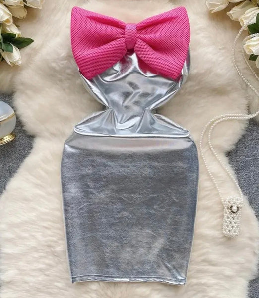 Women Sexy Strapless Silver Pink Bow PU Dress