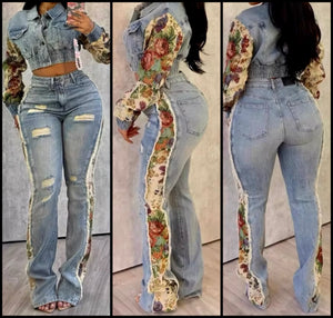 Women Fashion Floral Patchwork Two Piece Denim Jacket Pant Set