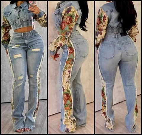 Women Fashion Floral Patchwork Two Piece Denim Jacket Pant Set