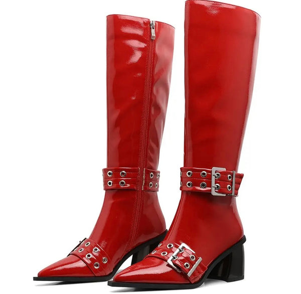 Women Fashion Pointed Toe Buckled Flat Knee High Boots