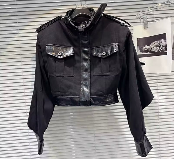 Women Black Pocket Fashion Jacket Two Piece Skirt Set