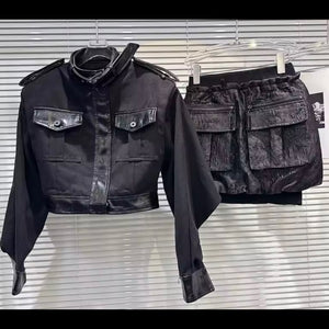 Women Black Pocket Fashion Jacket Two Piece Skirt Set