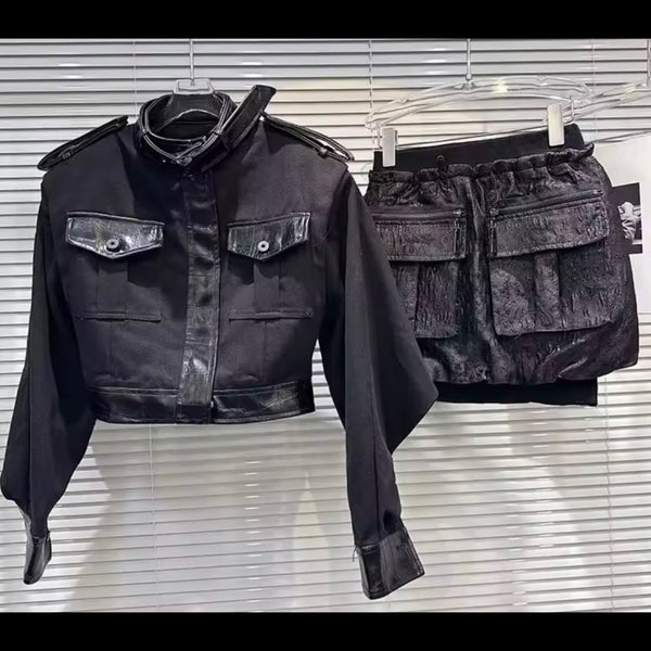 Women Black Pocket Fashion Jacket Two Piece Skirt Set