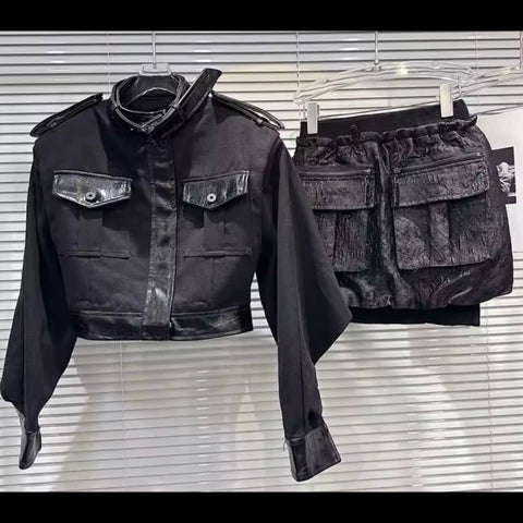 Women Black Pocket Fashion Jacket Two Piece Skirt Set