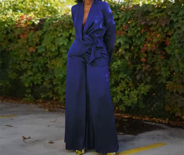 Women Color Fashion Tie Up Blazer Two Piece Wide Leg Pant Set