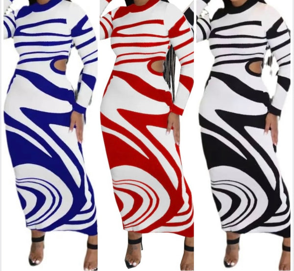 Women Sexy Printed Full Sleeve Side Cut Out Maxi Dress